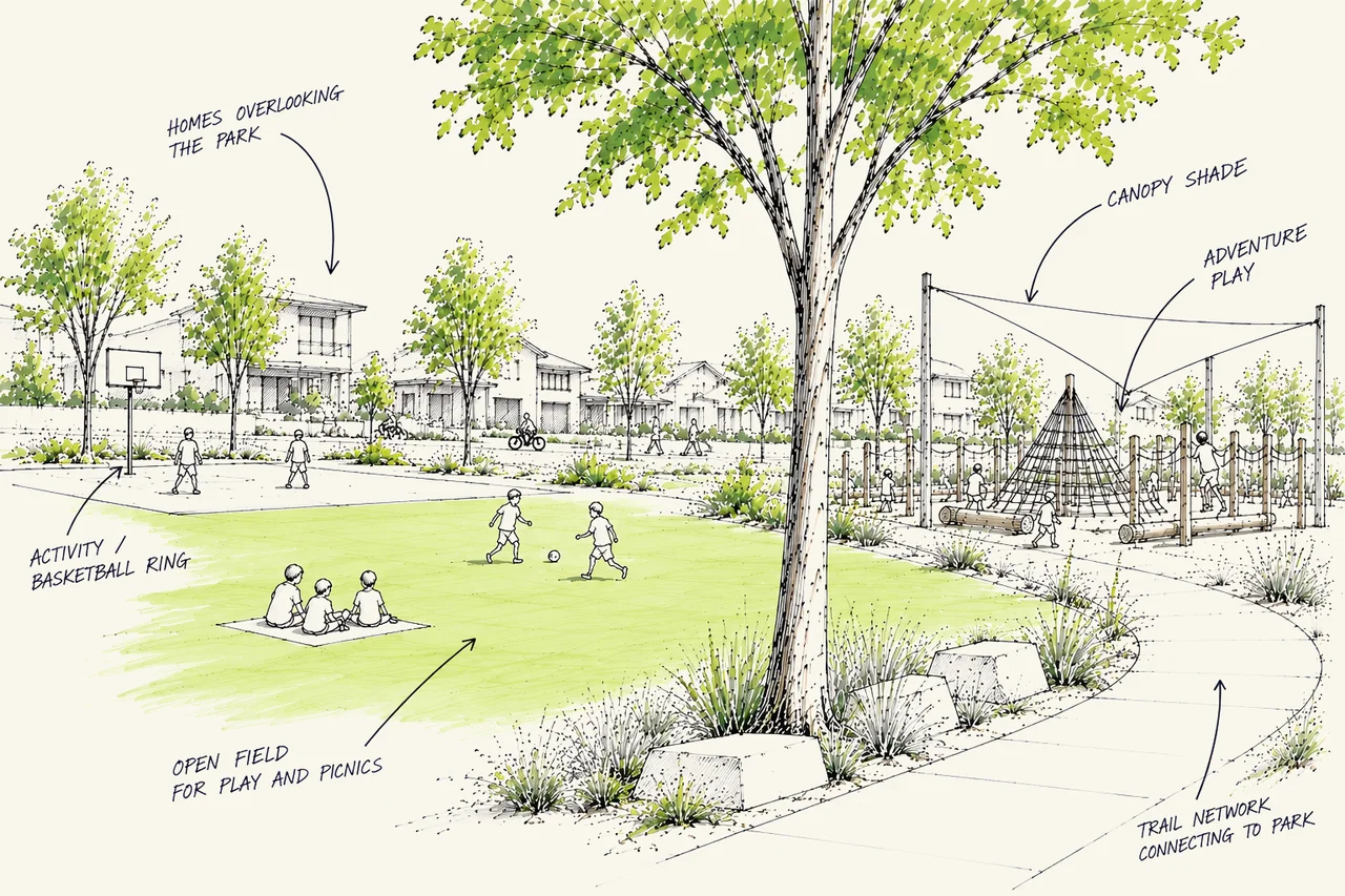 A hand-drawn sketch of a neighbourhood park, annotated with design notes: homes overlooking the park, canopy shade, adventure play, a basketball ring, an open field for play and picnics and a trail network connecting to the park