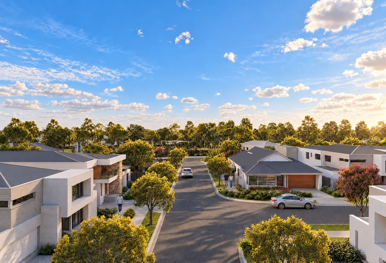 An artist’s impression of a tree-lined street of new homes at SOUL