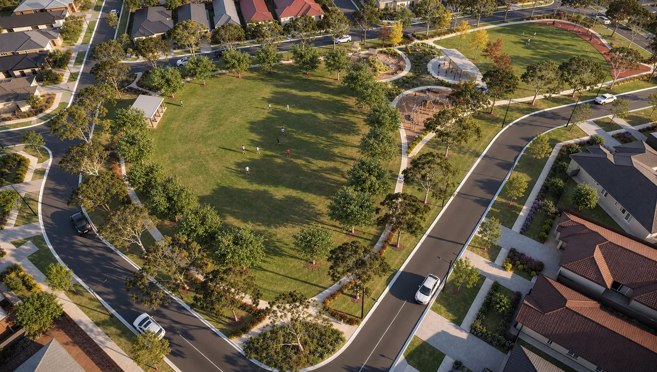 An aerial view of a large tree-lined park ringed by curving streets and homes