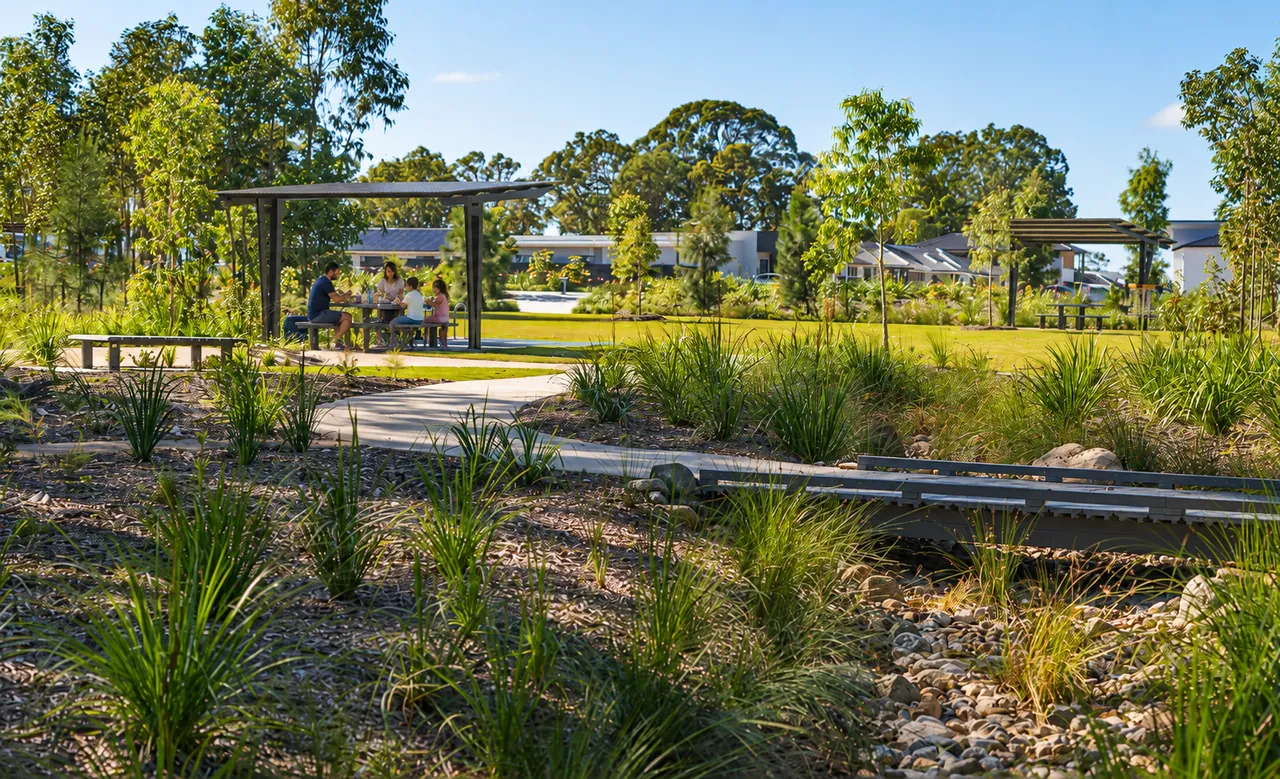 A family at a picnic table under a park shelter, beyond native planting and a footbridge