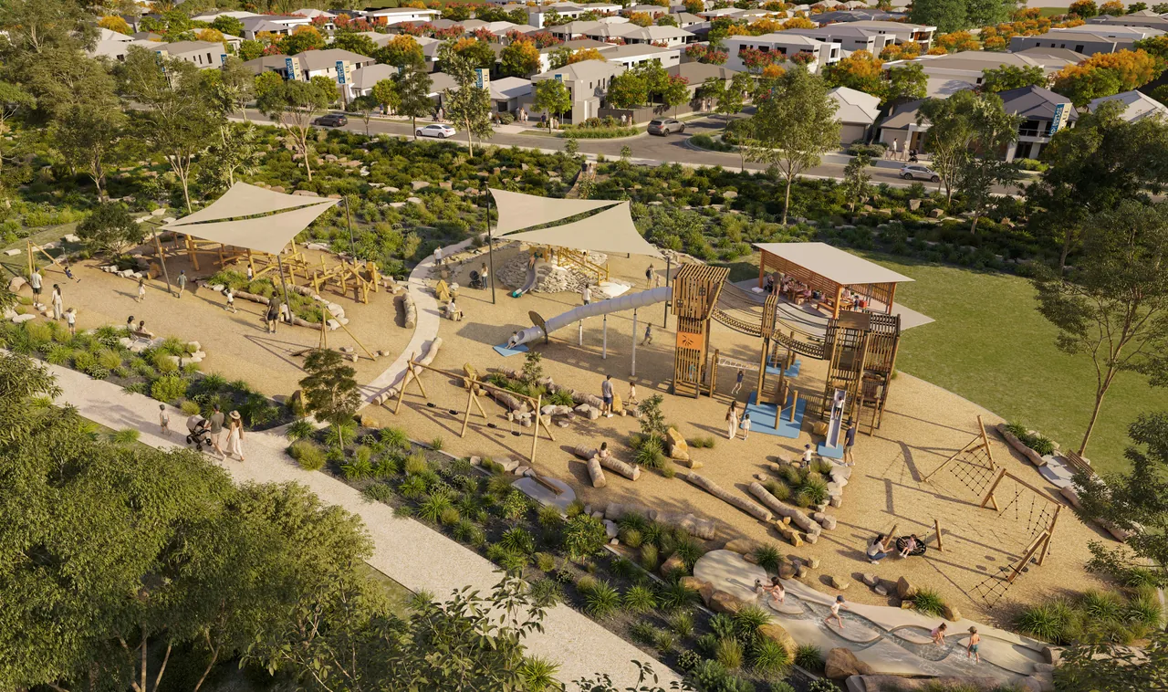 An artist’s impression of a nature playground at SOUL with timber play towers, a shade sail and log steppers