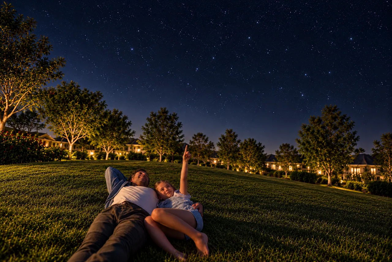 A father and daughter lying on a grassy slope at night, pointing up at the stars