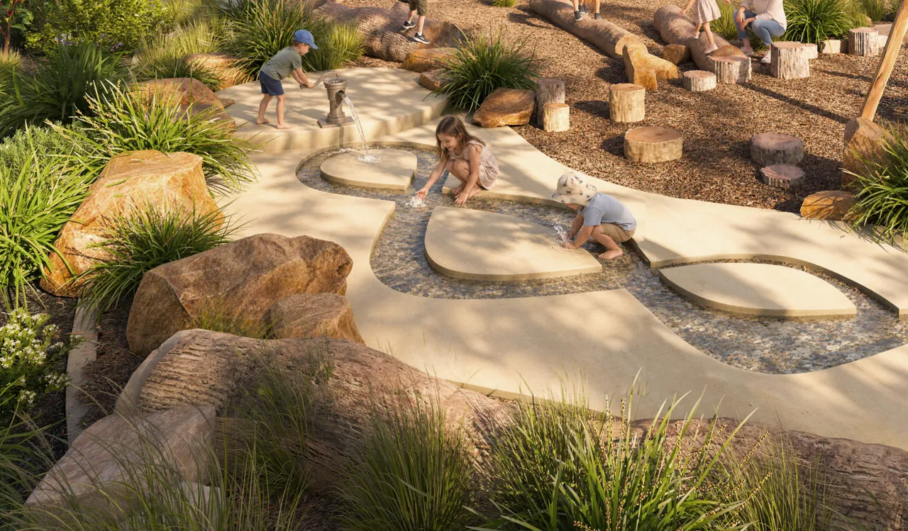 An artist’s impression of a nature play area, with children on stepping stones among rocks and logs